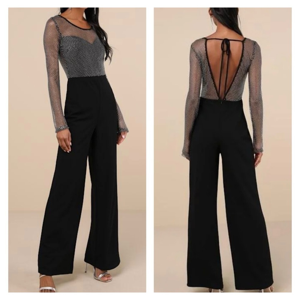 Lulus Beyond Glamorous Black Fishnet Rhinestone Jumpsuit
